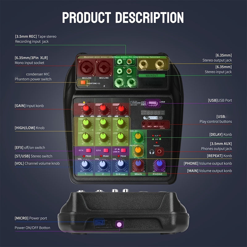 TAVOSOP Profesional 4 canales, mezclador de audio portátil, mezclador estéreo mini DJ con USB, verde, material ABS, compatible con interfaz de audio y tarjeta de sonido para producción musical en casa, DJ Karaok