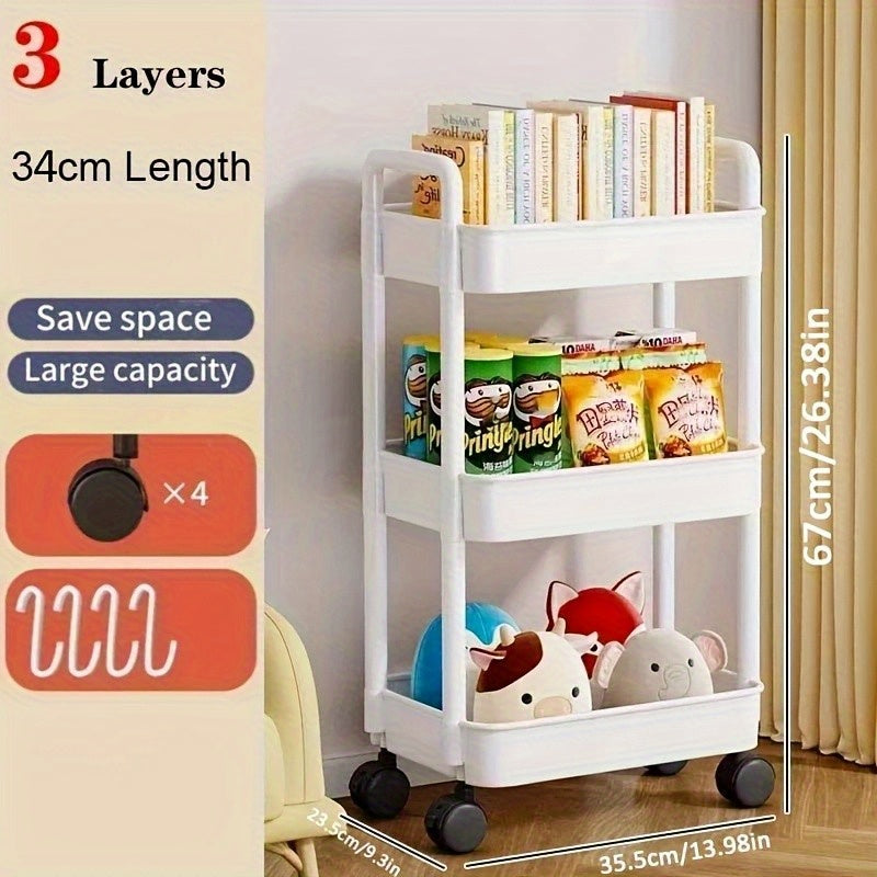 Carro de Almacenamiento Rodante de 3/4 Niveles - Plástico Duradero con Ruedas Silenciosas de 360° para Fácil Movimiento, Disponible en Blanco y , Incluye 4 Ganchos Pequeños, Ideal para Organización del Baño & Dormitorio, Libros y Artículos Esenciales del