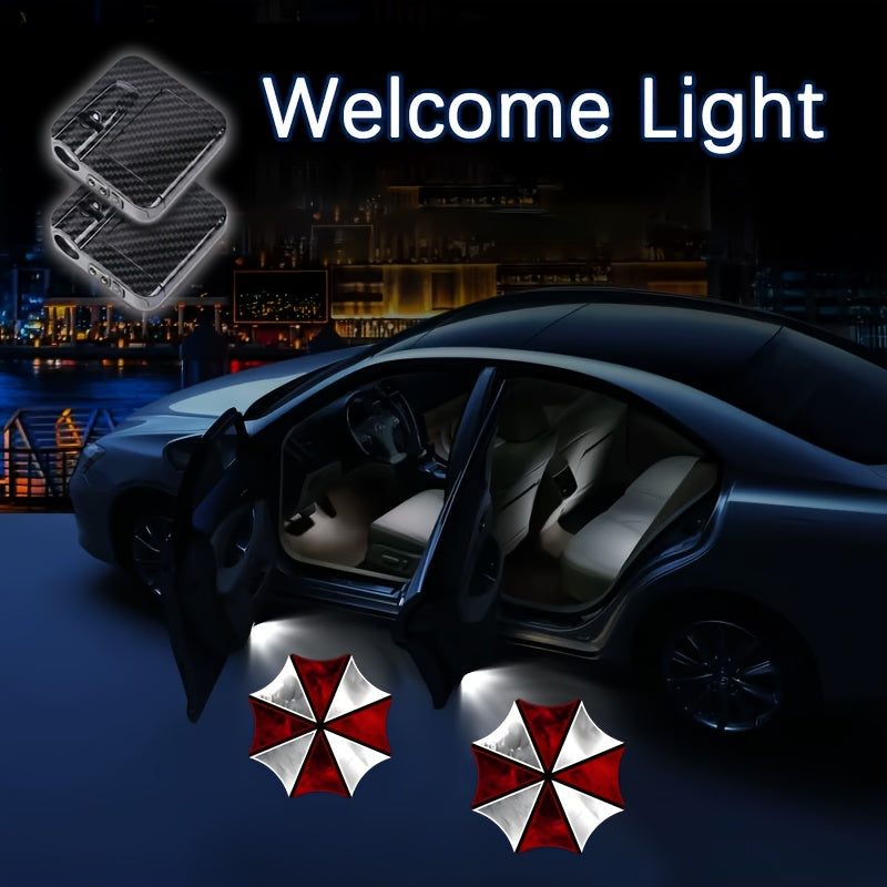 2 luces LED de bienvenida con diseño de paraguas rojo y corazón, encendido automático, luces proyectoras LED para auto, funcionan con pilas (pilas no incluidas) - Regalo ideal para dueños de autos, iluminación automotriz | Iluminación divertida | Diseño
