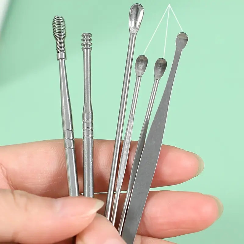 Kit para Remover Cera de Oídos, 6 Herramientas para Limpieza de Oídos, Herramienta Portátil e Innovadora de Cera de Oídos con Resorte, Herramienta de Acero Inoxidable para Remover Cera de Oídos, Herramienta Reusável para Limpieza de Oídos para Adultos