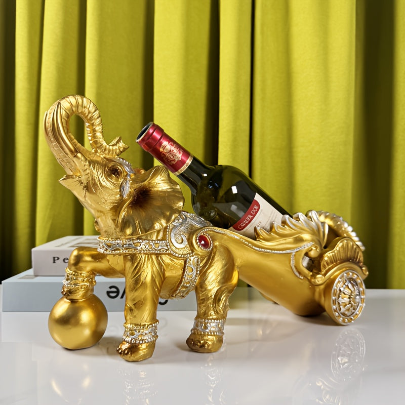 Rack de Vino de Elefante Pintado a Mano con Resina y Detalles en Cristal - Decoración de Lujo Dorada y Roja para Sala de Estar, Mesa de Comedor, Bar - Regalo Único de Inauguración de Casa, Decoración de Elefantes