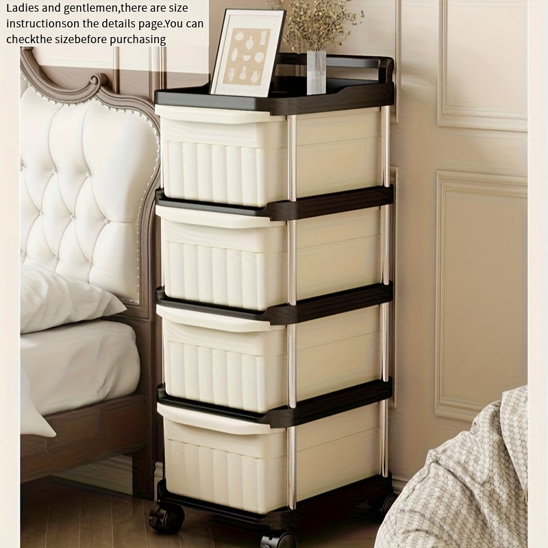 Carrito rodante delgado de 4 niveles con cajones - Organizador móvil de uso múltiple de color crema con ruedas de 360° para cocina, baño, dormitorio | Carrito estrecho de capas múltiples para snacks, maquillaje, hogar, organizador de baño | Unidad de est