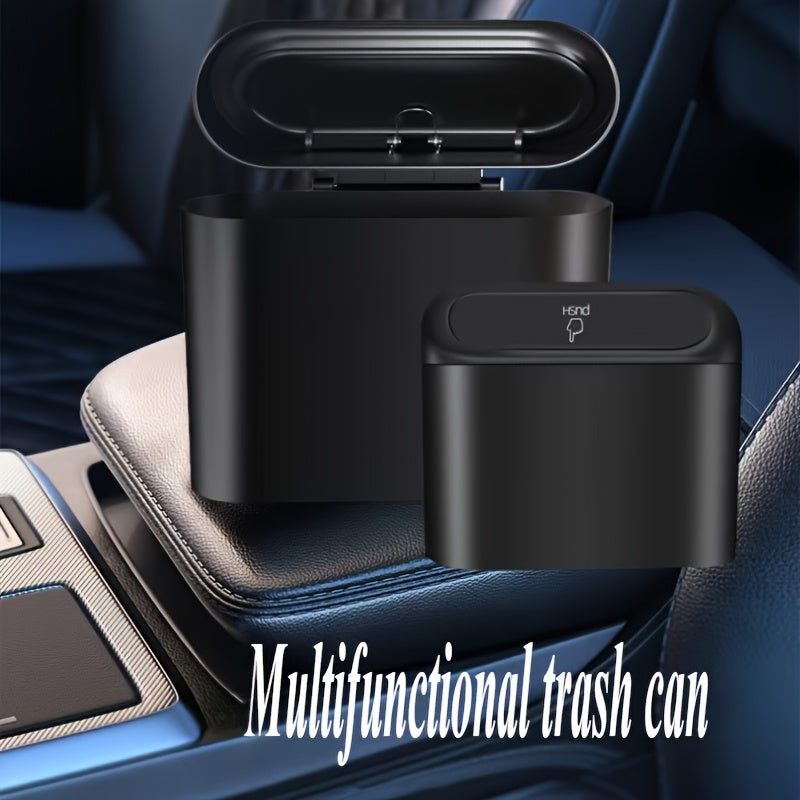 Bote de basura para auto, 1 unidad, material PP resistente, negro, con tapa a prueba de fugas, diseño fácil de colgar, organizador multifuncional para interiores de auto, solución de almacenamiento, accesorio moderno para auto, cierre seguro de tapa