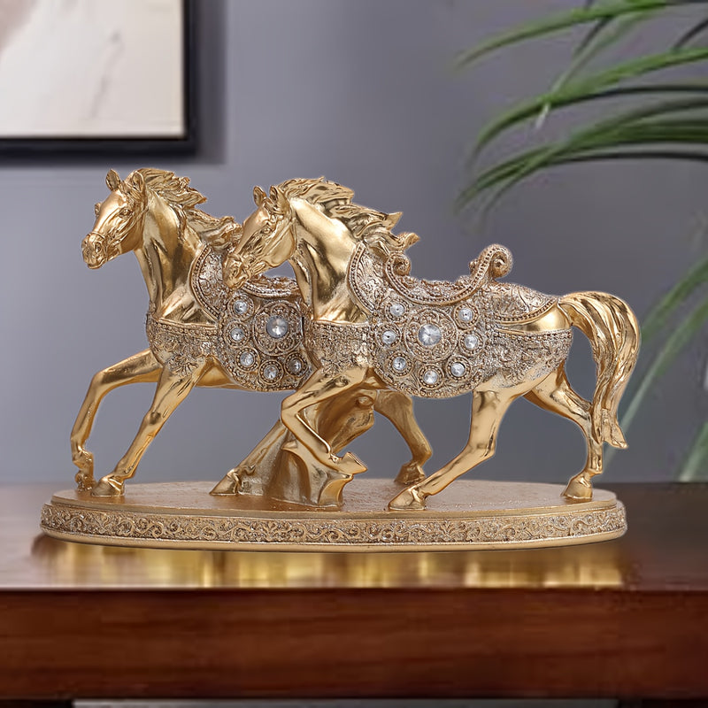 Estatuilla de Doble Caballo Dorado TY - Escultura de Resina Estilo Europeo con Cristales, Decoración para Interiores/Exteriores en Sala de Estar u Oficina, Arte Mural de Caballos sin Necesidad de Electricidad, Base Resistente
