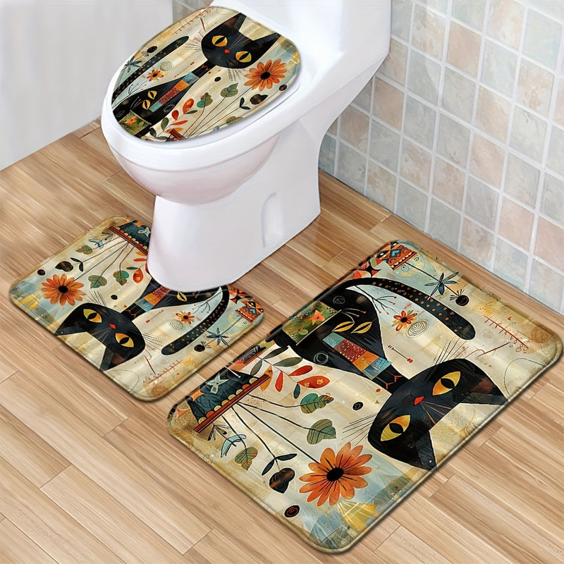 Conjunto de 1/3 piezas de Alfombrilla de Suelo de Gato Negro y Girasol, Cubierta de Inodoro, Alfombrilla Absorbente para Baño, Conjunto de Tres Piezas, Alfombrilla Antideslizante Decorativa