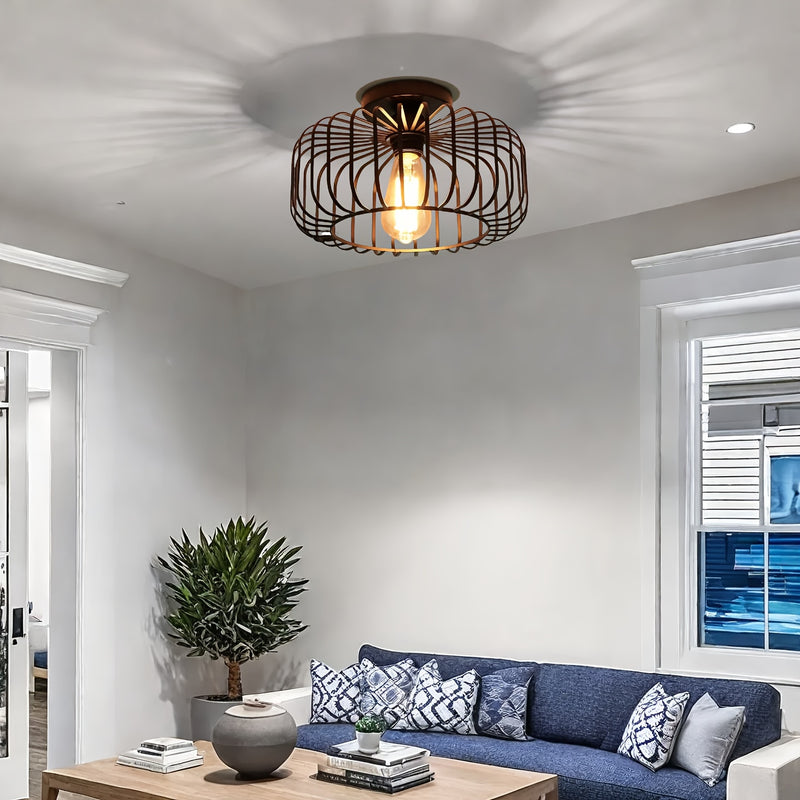 1 pieza de luz de techo semi-retratada negra para granja, instalación de techo de luz de pasillo de jaula de metal, luz de techo industrial ajustada para cocina, comedor, porche, dormitorio (excluyendo bombilla)