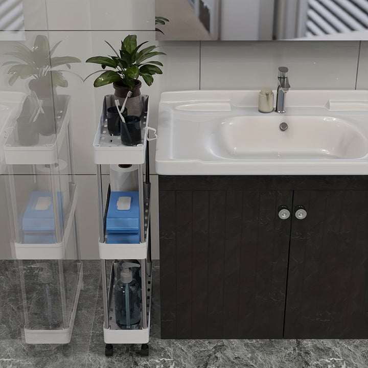 Carro de almacenamiento Slim de 3/4, estantería móvil de plástico para baño, torre multifuncional para cocina, lavandería y espacios estrechos, sin necesidad de electricidad