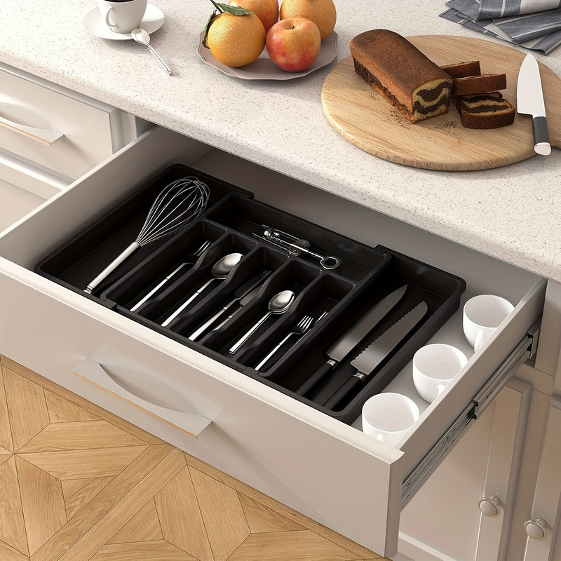 Organizador de Cajón para Cubiertos Plateados 1pc, Bandeja de Utensilios Expandible para Cocina, Soporte para Cubiertos y Cubertería Libre de BPA, Almacenamiento de Plástico Ajustable para Cucharas, Tenedores y Cuchillos, Grande