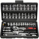 Juego de herramientas mecánicas para autos, 46 piezas, multifuncional con juegos de dados, llaves y trinquete, caja de herramientas resistente de metal con estuche de almacenamiento