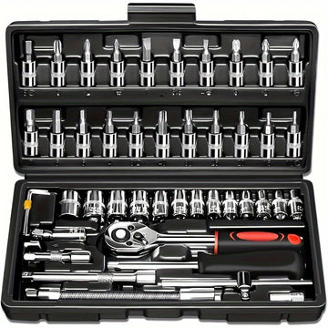Juego de herramientas mecánicas para autos, 46 piezas, multifuncional con juegos de dados, llaves y trinquete, caja de herramientas resistente de metal con estuche de almacenamiento