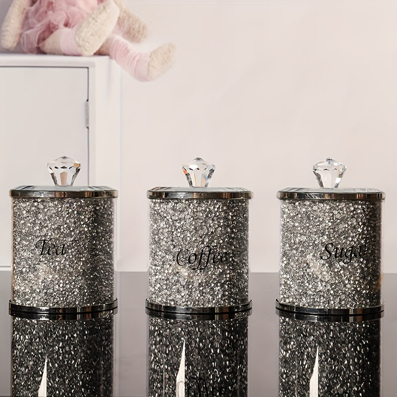 Conjunto de 3 Piezas de Tarros de Vidrio con Diamantes Brillantes para Dulces y Té - Impermeables, Tarros de Almacenamiento Multiusos para Granos de Café, Azúcar y Más, Baúles de Almacenamiento para la Organización del Hogar