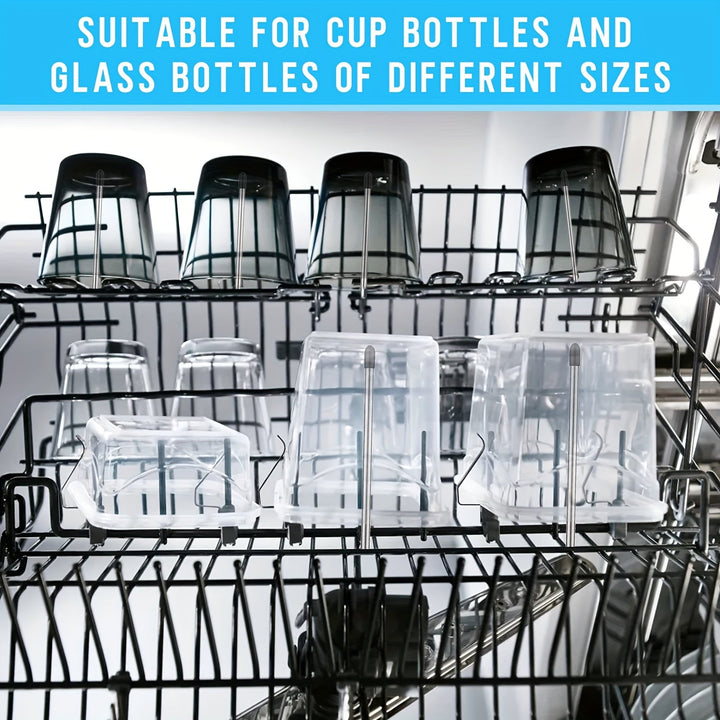 Escurridor de Botellas para Lavavajillas de Acero Inoxidable - Compatible con Todos los Rejillas Estándar, Diámetro de 6mm, Longitud de 27cm, Flujo de Agua Eficiente, con Portabotellas y Utensilios de Vidrio Transparente, Limpieza de Cristalería|Diseño M