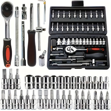 Juego de herramientas mecánicas para autos, 46 piezas, multifuncional con juegos de dados, llaves y trinquete, caja de herramientas resistente de metal con estuche de almacenamiento