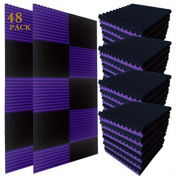 Conjunto de 48 Cuñas Acordeónicas Negras y Moradas - Paneles de Pared Insonorizantes de 30.48cm x 30.48cm x 2.54cm para Grabación en Estudio, Reducción de Ruido e Isolamiento de Instrumentos Musicales (24 Negros + 24 Morados), Configuración de Aislamient