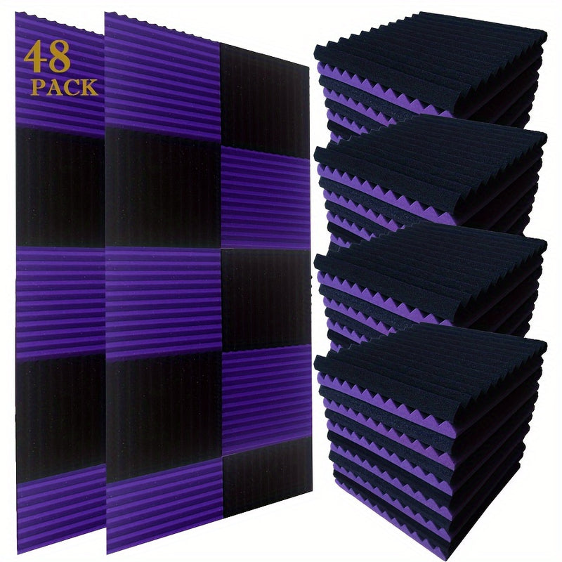 Conjunto de 48 Cuñas Acordeónicas Negras y Moradas - Paneles de Pared Insonorizantes de 30.48cm x 30.48cm x 2.54cm para Grabación en Estudio, Reducción de Ruido e Isolamiento de Instrumentos Musicales (24 Negros + 24 Morados), Configuración de Aislamient