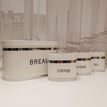 Juego de 4 Piezas Recipiente Hermético para Almacenar Pan, Café y Té en Tarro Metálico con Tapón de Acero