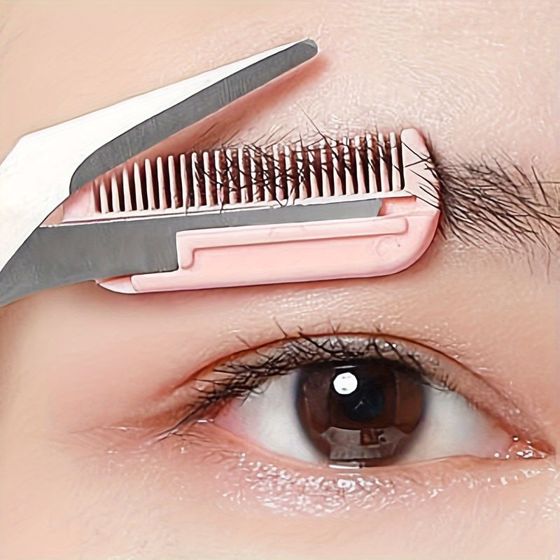 Tijeras para Cejas con Peine Incorporado de Acero Inoxidable - Herramienta de Precisión para el Cuidado con Mangos Rosas, Diseño Ambidiestro para Uso en Mano Derecha/Izquierda, Belleza Profesional y Doméstica, Construcción Metálica Duradera, Recortador d