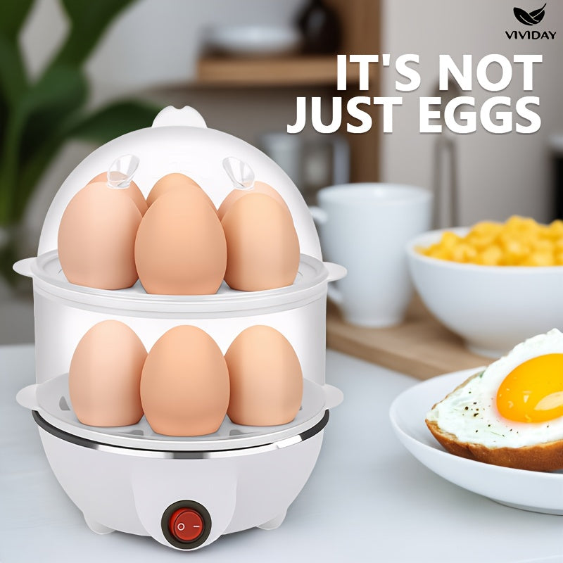 VIVIDAY Cocinador de Huevos de Doble Capa, Blanco, Enchufe de EE. UU., Material PP, 110V, Operación de 1 botón, Control de Temperatura Preciso, Anti-Quemaduras, Antiadherente, con Sartén, para Cocina, Dormitorio, Uso Doméstico, Cocina 14 Huevos a la Vez