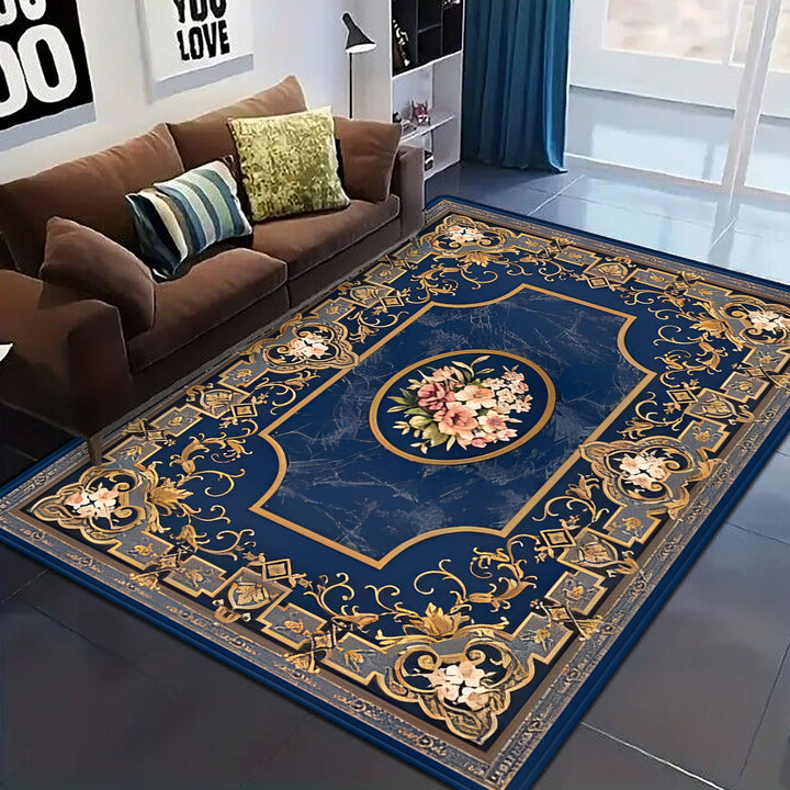 Una alfombra cuadrada con fondo azul y patrones dorados, con diseños florales vintage, adecuada para decorar dormitorios y salones, para uso interior.
