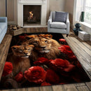 Tapete cuadrado con diseño de pareja de rosa y león romántico - Felpa suave, resistente al desgaste, decoración para dormitorio y sala de estar