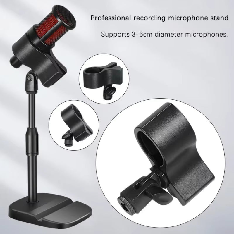 Abrazadera de Micró!fono Versátil con Adaptador - Soporte Manual Resistente y Flexible para Micrófonos de 3-6cm, Instalación Fácil, Negro