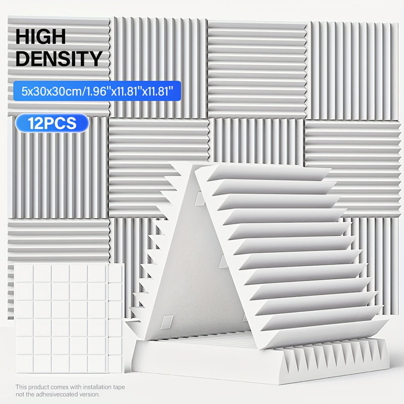 12 paneles de espuma acústica de alta densidad, 30.48 cm x 30.48 cm x 2.54 cm/5.08 cm, paneles insonorizados con cinta adhesiva de doble cara, material resistente al fuego para reducción de ruido, para estudio, oficina y hogar, negro/blanco, materiales i