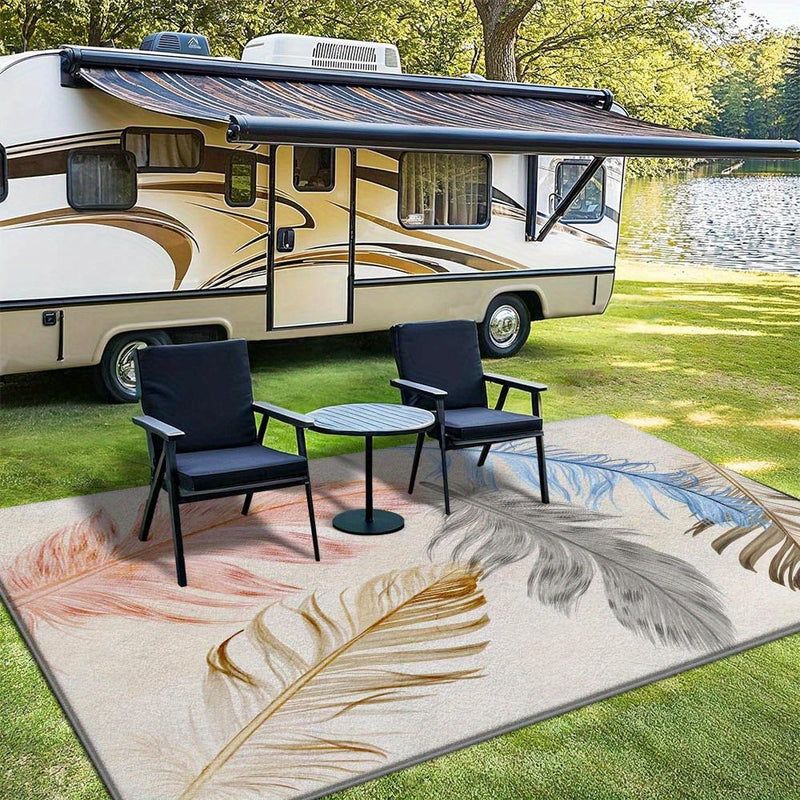 Gran alfombrilla de exterior de terciopelo ultra-suave - Antideslizante, lavable en máquina, patrón geométrico en tonos de azul, beige y marrón - Ideal para camping, patio o decoración de jardín, alfombrilla de camping