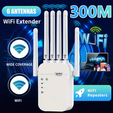 Amplificador de WiFi 300Mbps con Puerto Ethernet, 6 Antenas (Cobertura 360°), Amplifica hasta 11.000 Pies Cuadrados, Compatible con Router/Modem, Soporta más de 35 Dispositivos - Blanco, Diseño Compacto y Duradero para Hogar u Oficina, Repetidor sin vari