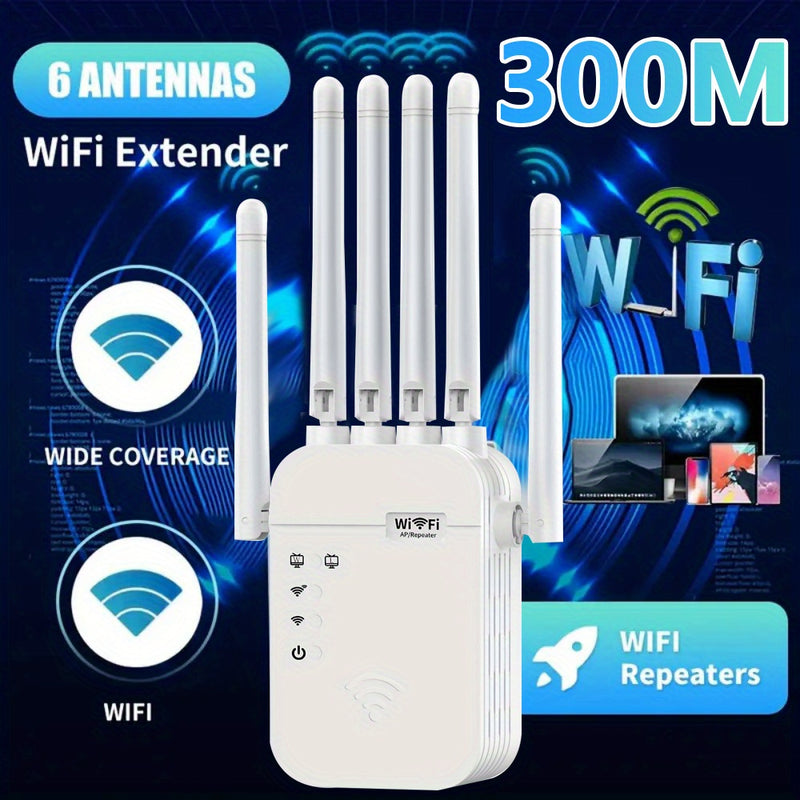 Amplificador de WiFi 300Mbps con Puerto Ethernet, 6 Antenas (Cobertura 360°), Amplifica hasta 11.000 Pies Cuadrados, Compatible con Router/Modem, Soporta más de 35 Dispositivos - Blanco, Diseño Compacto y Duradero para Hogar u Oficina, Repetidor sin vari