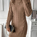 Vestido de Punto de Cable Elegante para Mujer - Cuello Alto Chic, Manga Larga, Vestido de Poliéster Negro Sólido con Diseño de Cuerda Texturizada, Perfecto para Otoño e Invierno