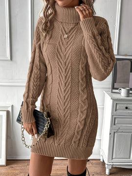 Vestido de Punto de Cable Elegante para Mujer - Cuello Alto Chic, Manga Larga, Vestido de Poliéster Negro Sólido con Diseño de Cuerda Texturizada, Perfecto para Otoño e Invierno
