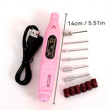 Máquina de esmalte de uñas ergonómica mejorada - Fichero de uñas eléctrico de alta velocidad alimentado por USB con 4 cabezas intercambiables y 20 tiras de papel de lija, herramienta de manicura portátil hipoalergénica adecuada para uso doméstico y profe
