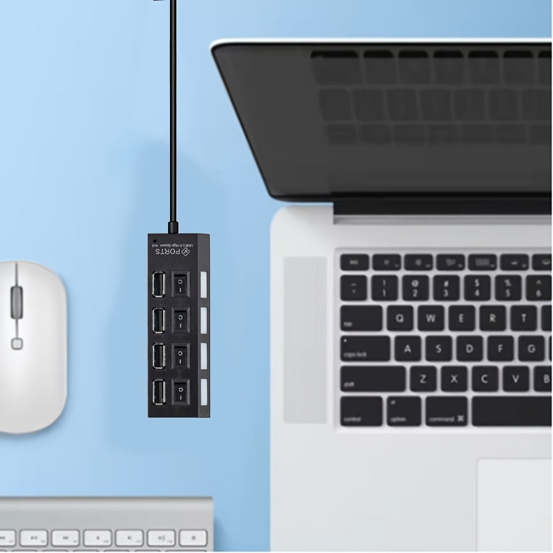 Puente USB 2.0 de 4 puertos con adaptador de alimentación, transmisión de alta velocidad, interruptor independiente y indicadores LED, adecuado para portátiles, Xbox, unidades flash, discos duros, consolas, impresoras, PCs, teclados, unidades flash USB y