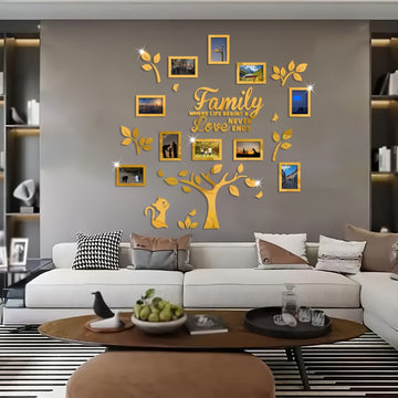 [Foto de Gato Acrílico Plateado] Marco de Fotos de Gato de Acrílico Plateado Dorado Negro DIY Pegatina Collage Árbol de Pared - 47.24×47.24in Conjunto de Decoración de Pared para Sala de Estar
