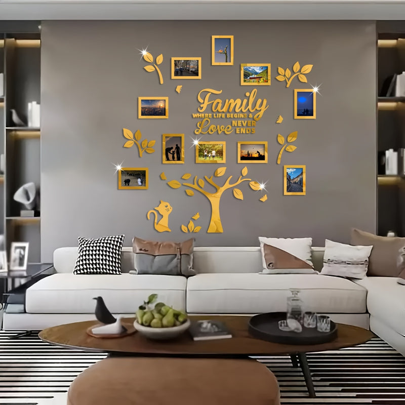 [Foto de Gato Acrílico Plateado] Marco de Fotos de Gato de Acrílico Plateado Dorado Negro DIY Pegatina Collage Árbol de Pared - 47.24×47.24in Conjunto de Decoración de Pared para Sala de Estar