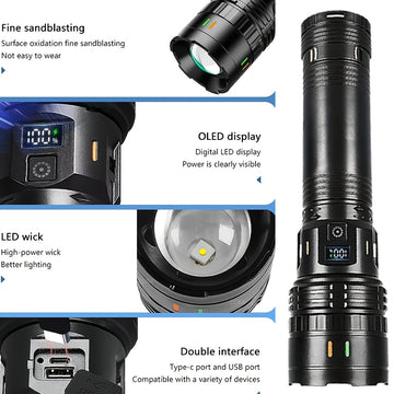 1 linterna grande Lantile - cuatro modos de velocidad, puerto Type-C, zoom ajustable, 1500 lúmenes y batería de 3200mAh, ideal para trabajos nocturnos, reparación de vehículos, pesca, patrullaje y más actividades