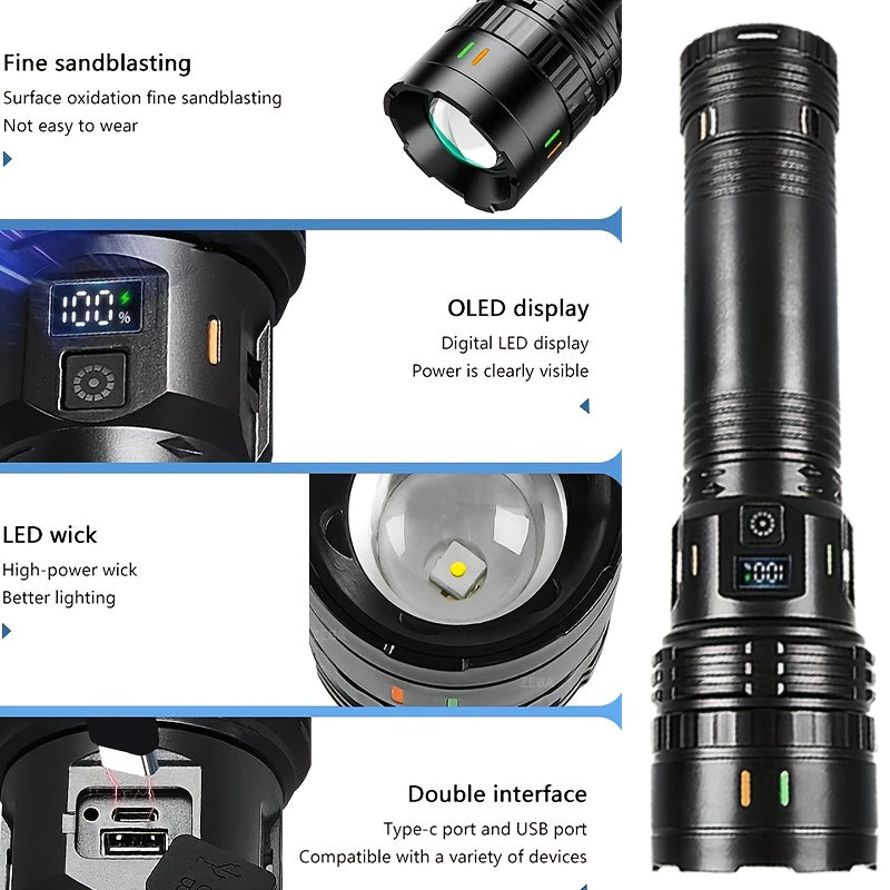 1 linterna grande Lantile - cuatro modos de velocidad, puerto Type-C, zoom ajustable, 1500 lúmenes y batería de 3200mAh, ideal para trabajos nocturnos, reparación de vehículos, pesca, patrullaje y más actividades