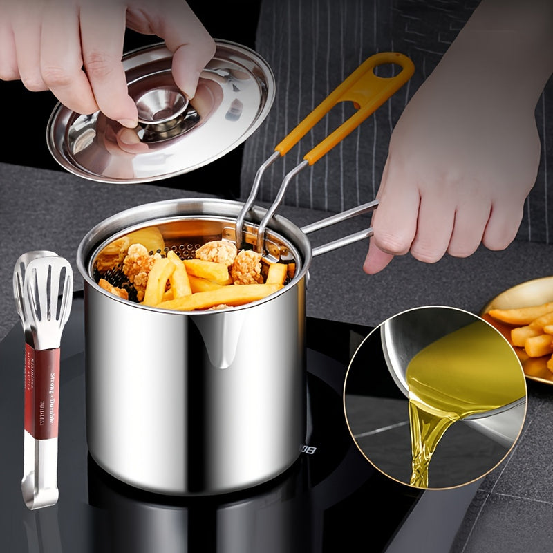 Fritadora profunda recta de acero inoxidable 304 con rejilla de filtro, tapa y tenazas - Versátil para freír papas, pescado, pollo y más - Ideal para uso doméstico, fiestas, camping y restaurantes, uso en restaurantes | Electrodoméstico de cocina moderno
