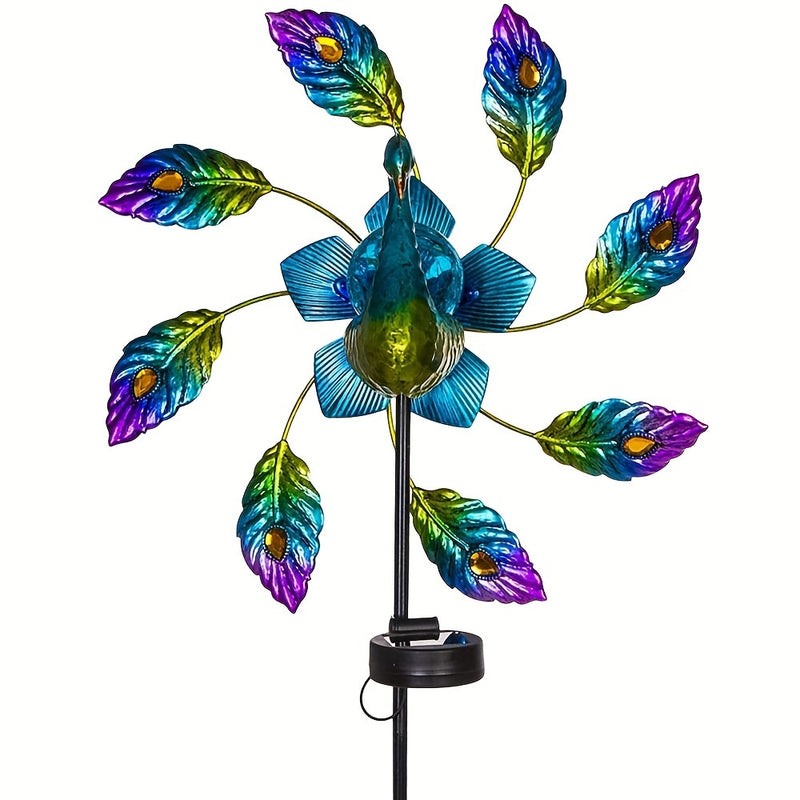 Lámpara Solar de Pavo Real de Hierro, Lámpara de Molino de Viento, Decoración de Jardín Lámpara de Pavo Real, Lámpara con Enchufe de Tierra, 2 Funciones, Lámpara de Molino de Viento Giratoria
