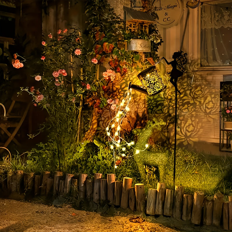 Linterna de sol para exteriores con forma de tetera y luces de cuerda, lámpara decorativa colgante en forma de ángel solar, lámpara de cascada solar, adecuada para caminos de jardín del patio, terraza del hogar y regalos festivos