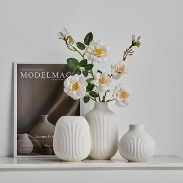 Juego de 3 Jarrones de Cerámica a Rayas Blancas – Estética Boho, Decoración Minimalista Moderna para Sala de Estar, Entrada, Mesa de Café | Diseño Geométrico Acanalado, Ideal para Decoración de Hogar a la Moda
