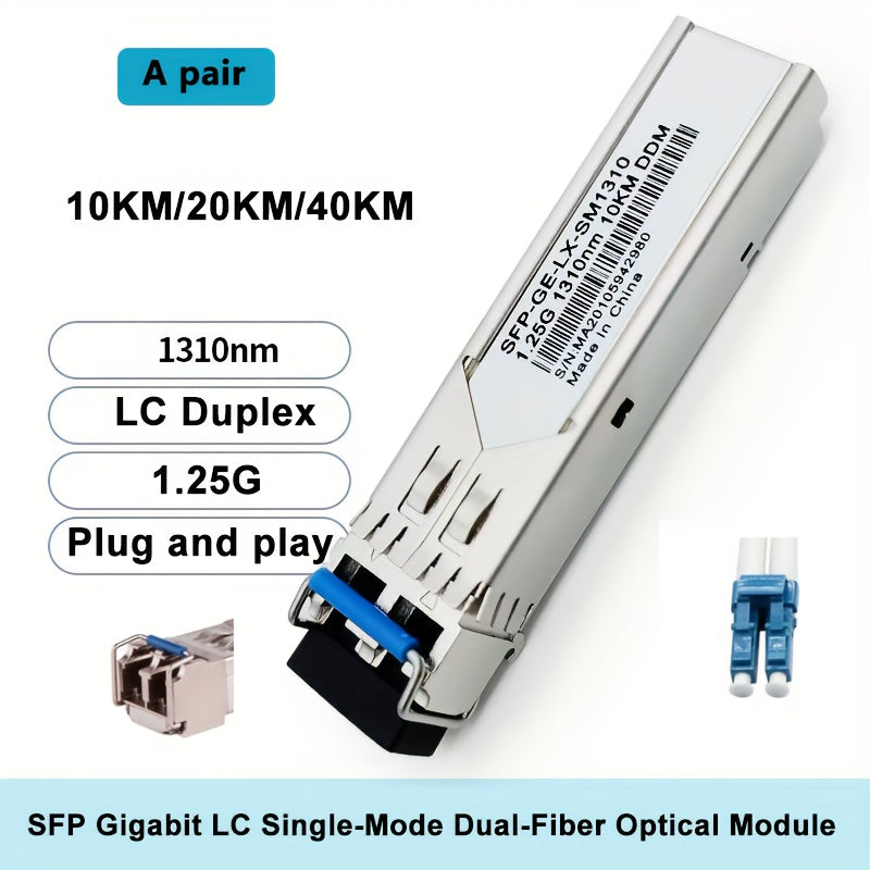 Módulo óptico de fibra dual de 1,25G SFP Gigabit Single-Mode - LC Duplex, transmisión de 10KM/20KM/40KM, enchufa y juega, detección de DDM en tiempo real, compatible con dispositivos de marcas como Cisco y otras, ideal para transceptores de fibra, switch