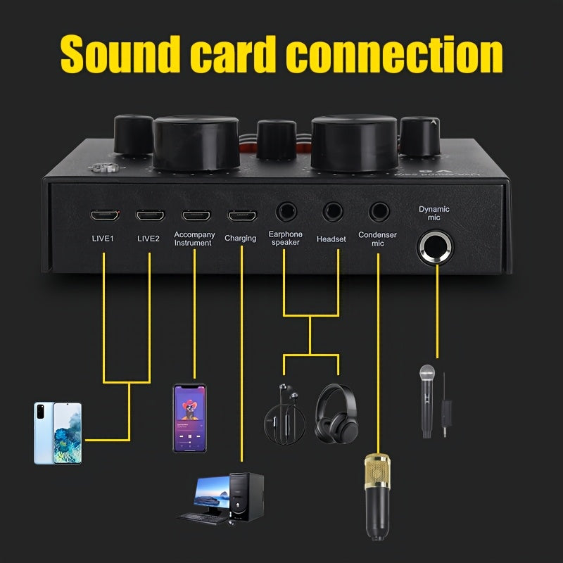 Kit de equipo para podcast, interfaz de audio V8 equipada con tarjeta de sonido multi en uno y micrófono condensador BM800, ideal para grabaciones y transmisiones en vivo