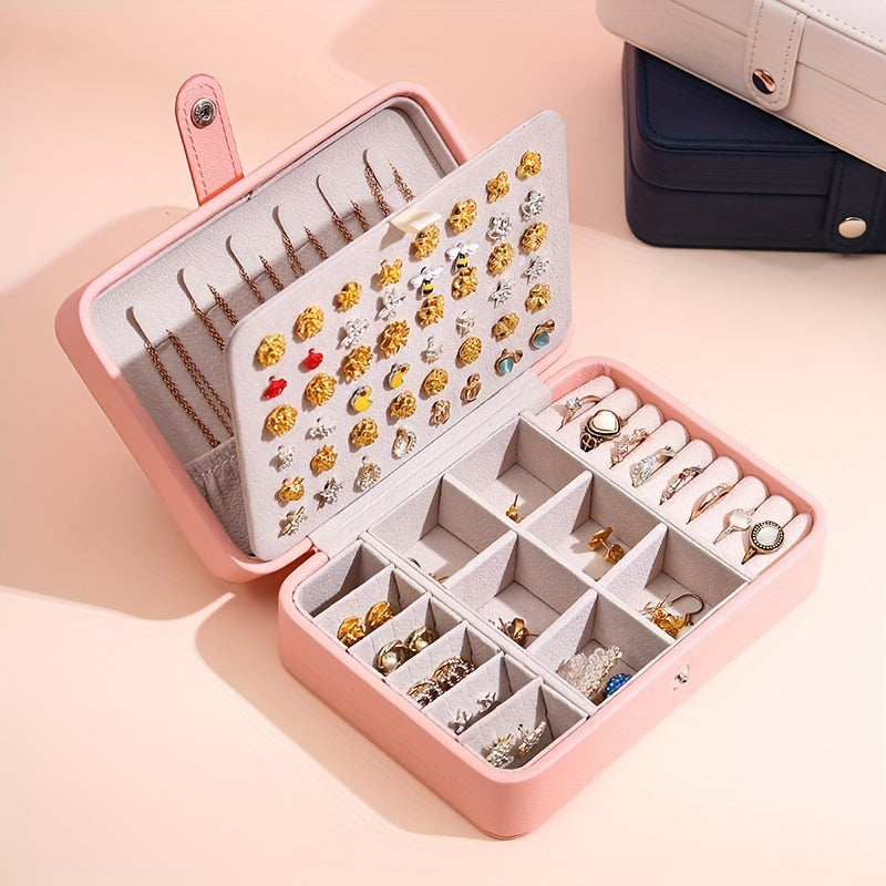 Exquisita Caja de Joyería de Cuero Sintético de Doble Capa - Amplio Almacenamiento Portátil para Aretes, Anillos, Collares, Pulseras y Accesorios - Regalo Ideal para Mujeres, Viajes y Organización del Hogar