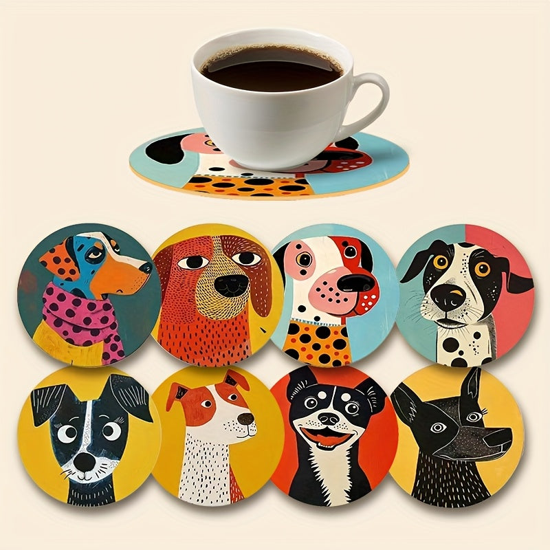 Juego de 8 Posavasos de Madera con Retratos de Perros, Alfombrillas Adhesivas Anticaídas para Animales Lindos, Adecuados para Comedor y Cocina, Accesorios para el Hogar, Regalo Ideal para Amantes de los Perros, Parejas y Familias en San Valentín