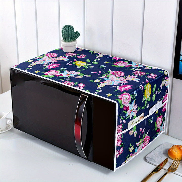 Fundas para Microondas con Estampado Floral y Bolsillos Dobles - Organizador de Cocina de 100.0 cm, Flores Azul Oscuro y Rojo/Rosas, Tela Duradera para Protección del Microondas y Almacenamiento de Utensilios, Bolsillos Laterales Prácticos