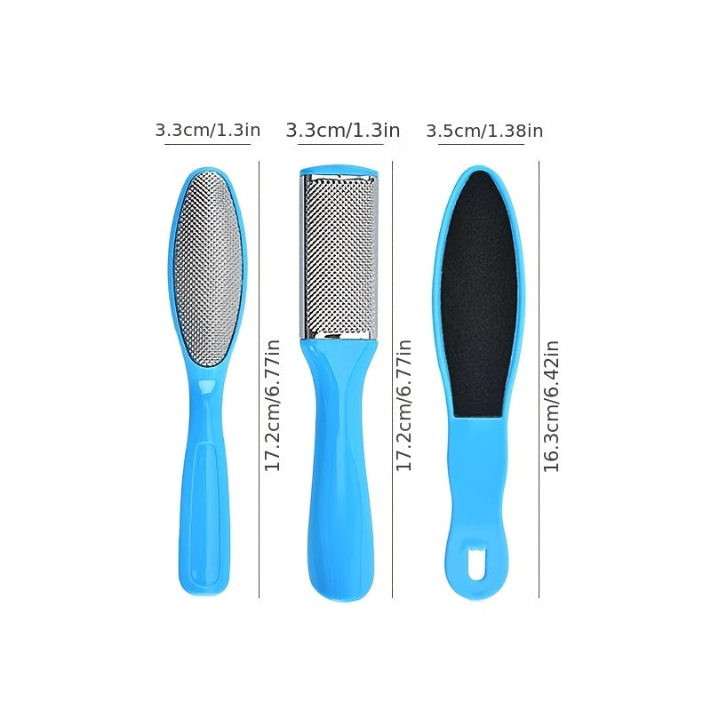 3 piezas Juego de pedicura azul - Lima de pies de acero inoxidable de doble cara, removedor de callos manual, exfoliante de piel muerta, herramientas de cuidado de pies de plástico para uso doméstico o en salón, sin perfume, no necesita electricidad, reg