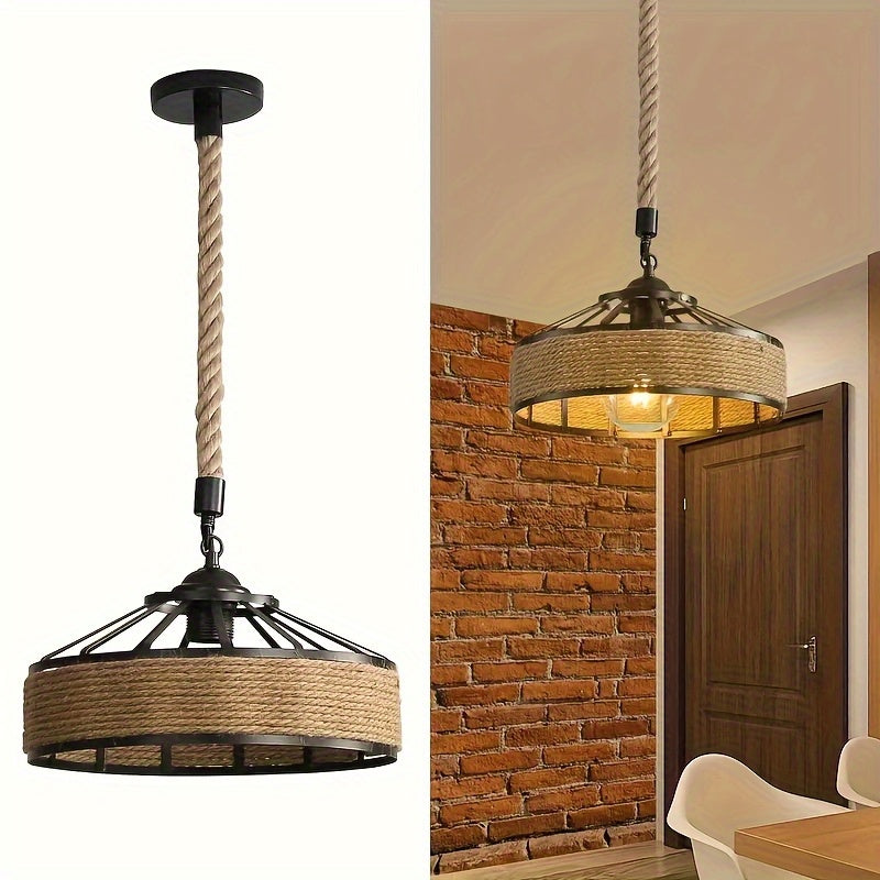 Lámpara de techo con base E27 y colgante de cuerda de cáñamo retro - Diseño de hierro rústico con sombra desmontable para decoración de hogar DIY, Navidad, bodas, bares y exhibiciones de tiendas, instalación fácil, no se necesita cableado, iluminación vi