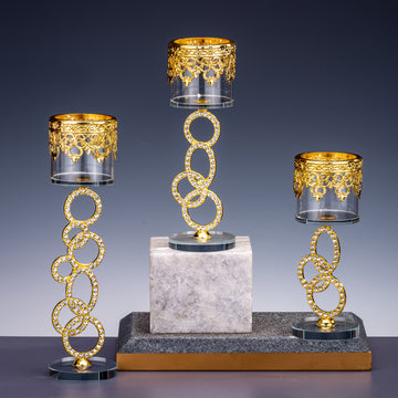 Juego de 3 piezas de soporte de velas de vidrio de cristal, elegante y romántico, con un toque de oro vintage, ideal para decoraciones navideñas, adornos de mesa.
