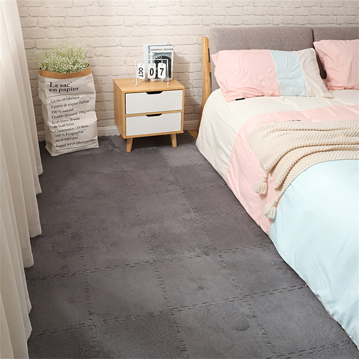 12pcs Alfombras Suaves de Peluche Entrelazadas, Alfombrillas de Espuma EVA Lavables en Azul Claro para Sala de Estar y Dormitorio, 29.97x29.97 cm, Azulejos Antideslizantes y Amigables con Mascotas para Decoración Hogareña Acogedora, Alfombras para Sala d